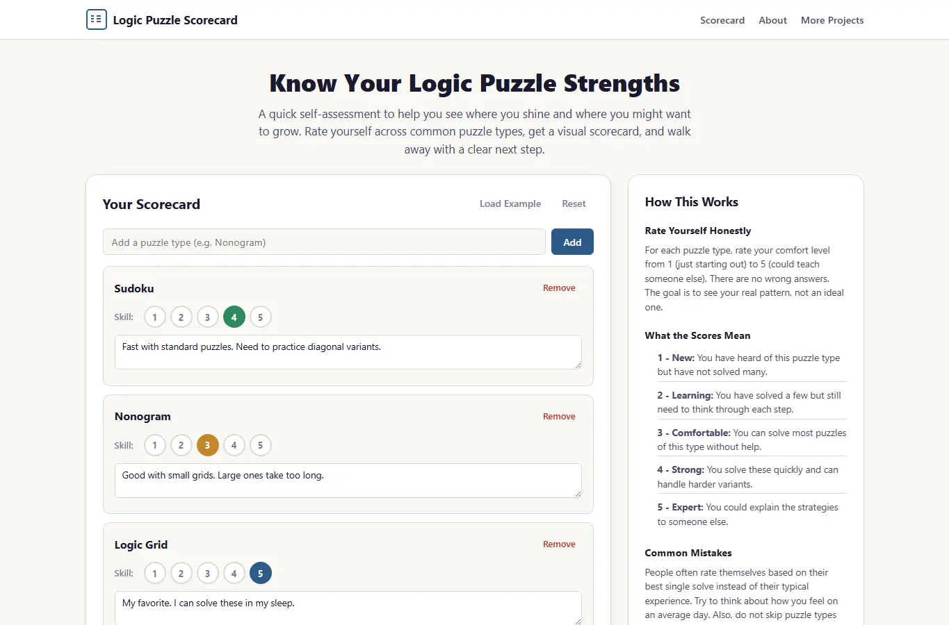 Screenshot of Logic Puzzle Scorecard interface showing the project page in use
